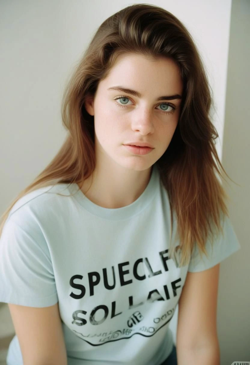 epiCPhotoGasm-softPhoto, 1995-Kodak, LikenessHelpbyShurik3, 1girl, beautiful, (facing the viewer), standing at home, ultra detailed skin texture, ((leaning forward)), looking at the camera, eye contact ((((tight shirt)))) makeup, long straight hair, pale skin, fair skin, white skin