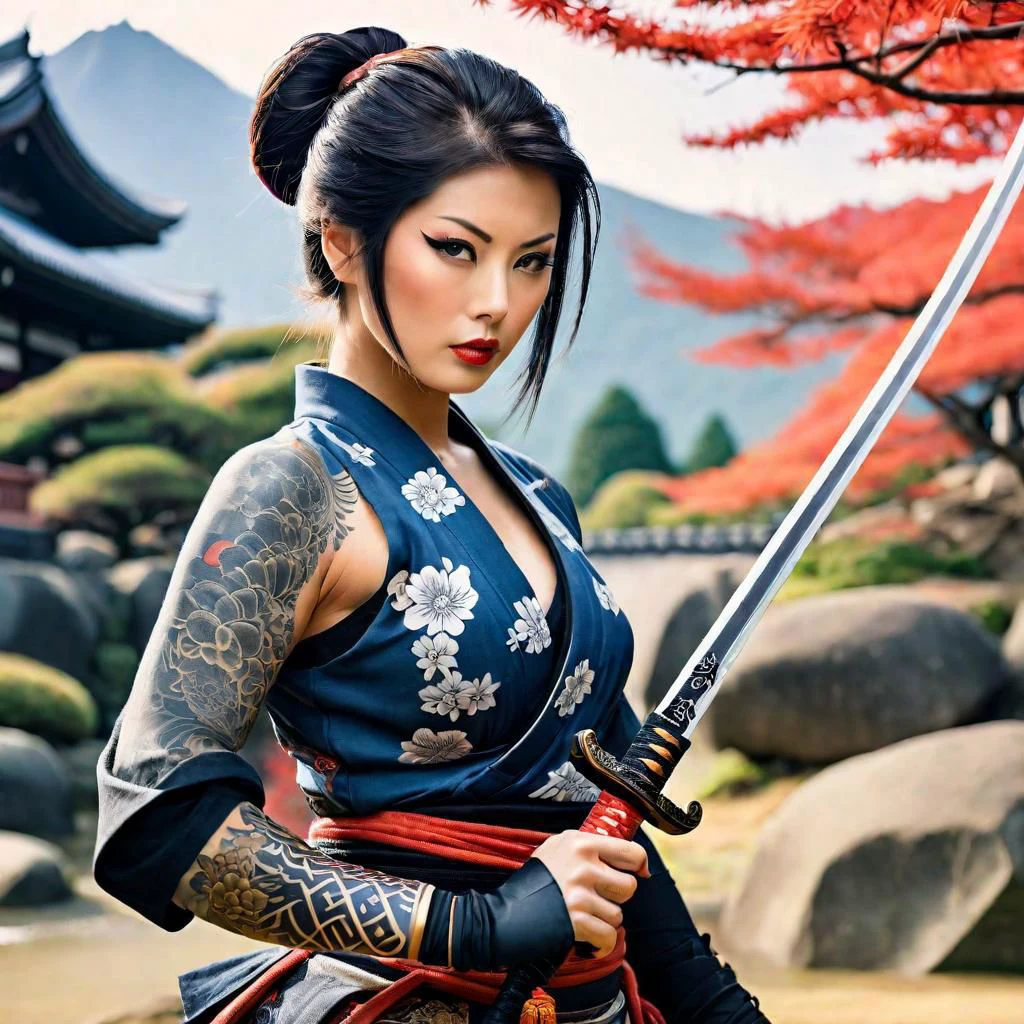 a female Samurai with Irezumi tattoo art , holding a sword , in Japanese landscape