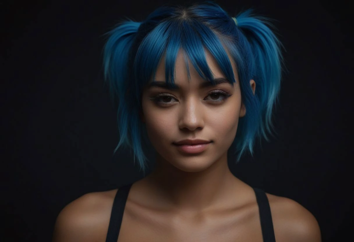1girl, head toward the camera, seductive grin, ultra detailed skin texture, <lora:dynposes3870:.7>, Rembrandt Lighting Style, low light photography, dim light, atmospheric, <lora:ArabWomenFawziV2_Lightweight:0.6>, bedouin, dark skin, depth of field, black background, closed eyes, hair over one eye, PA7_PORTRAIT-HL, epiCPhotoGasm-softPhoto, 1995-Kodak, LikenessHelpbyShurik3, eye contact, very short hair, blue hair, beautiful cyberpunk female with heavy black eyeliner, black eye, young, RAW photo, 8k uhd, dslr, high quality, film grain