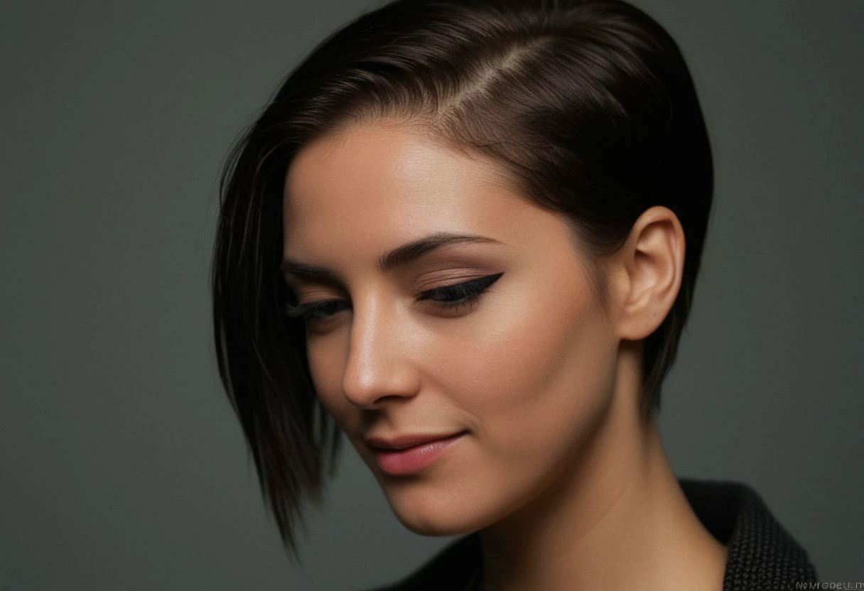 1girl, head toward the camera, seductive grin, ultra detailed skin texture, <lora:dynposes3870:.7>, Rembrandt Lighting Style, low light photography, dim light, atmospheric, <lora:ArabWomenFawziV2_Lightweight:0.6>, bedouin, dark skin, depth of field, closed eyes, hair over one eye, epiCPhotoGasm-softPhoto, 1995-Kodak, LikenessHelpbyShurik3, eye contact, very short hair, beautiful cyberpunk female with heavy black eyeliner, black eye, young, RAW photo, 8k uhd, dslr, high quality, film grain