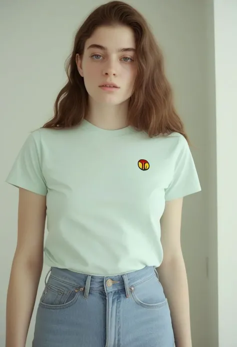 epiCPhotoGasm-softPhoto, 1995-Kodak, LikenessHelpbyShurik3, 1girl, beautiful, (facing the viewer), standing at home, ultra detailed skin texture, ((leaning forward)), looking at the camera, eye contact ((((tight shirt)))) makeup, long straight hair, pale skin, fair skin, white skin