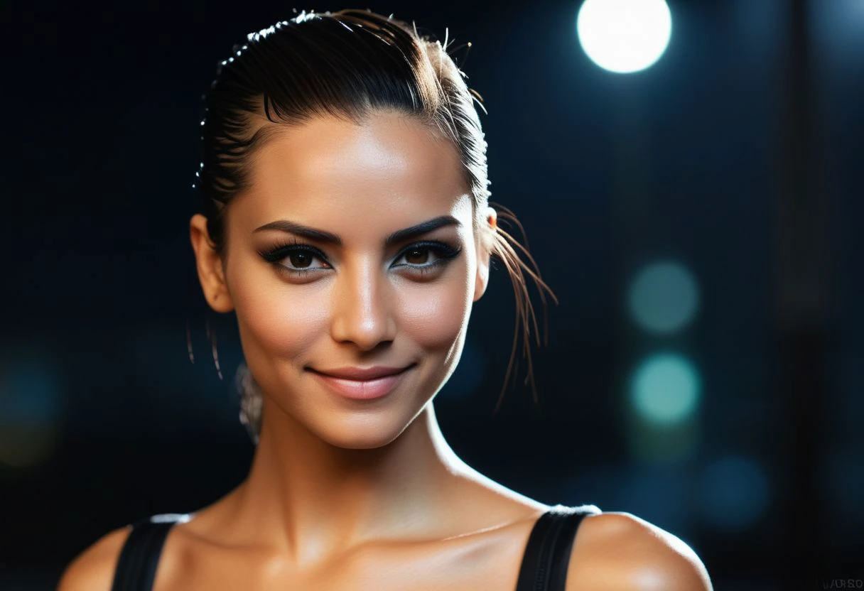 1girl, head toward the camera, seductive grin, ultra detailed skin texture, low light photography, dm light, atmospheric, <lora:ArabWomenFawziV2_Lightweight:0.6>, bedouin, dark skin, epiCPhotoGasm-softPhoto, 1995-Kodak, LikenessHelpbyShurik3, eye contact, very short hair, beautiful cyberpunk female with heavy black eyeliner, black eye, young, RAW photo, 8k uhd, dslr, high quality, film grain