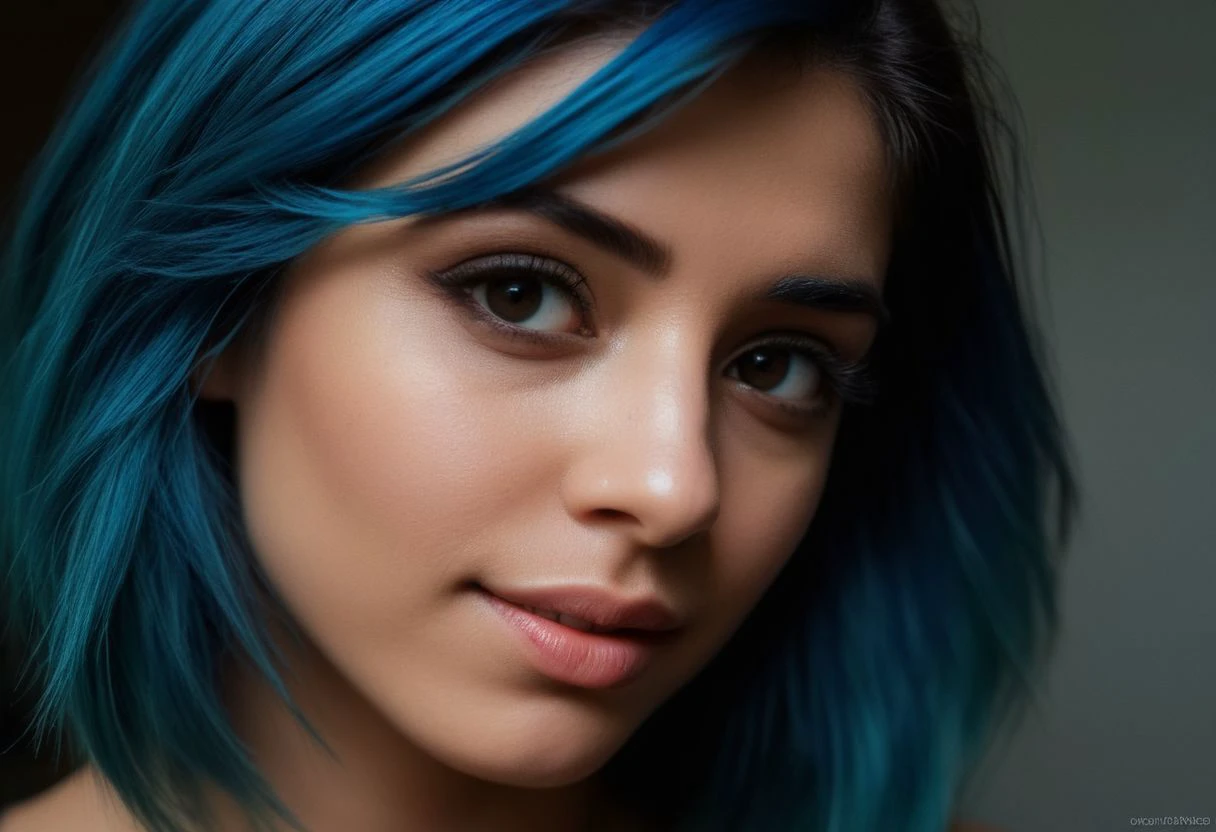 1girl, head toward the camera, seductive grin, ultra detailed skin texture, <lora:dynposes3870:.7>, Rembrandt Lighting Style, low light photography, dim light, atmospheric, <lora:ArabWomenFawziV2_Lightweight:0.6>, bedouin, dark skin, depth of field, closed eyes, hair over one eye, pray, epiCPhotoGasm-softPhoto, 1995-Kodak, LikenessHelpbyShurik3, eye contact, very short hair, blue hair, beautiful cyberpunk female with heavy black eyeliner, black eye, young, RAW photo, 8k uhd, dslr, high quality, film grain