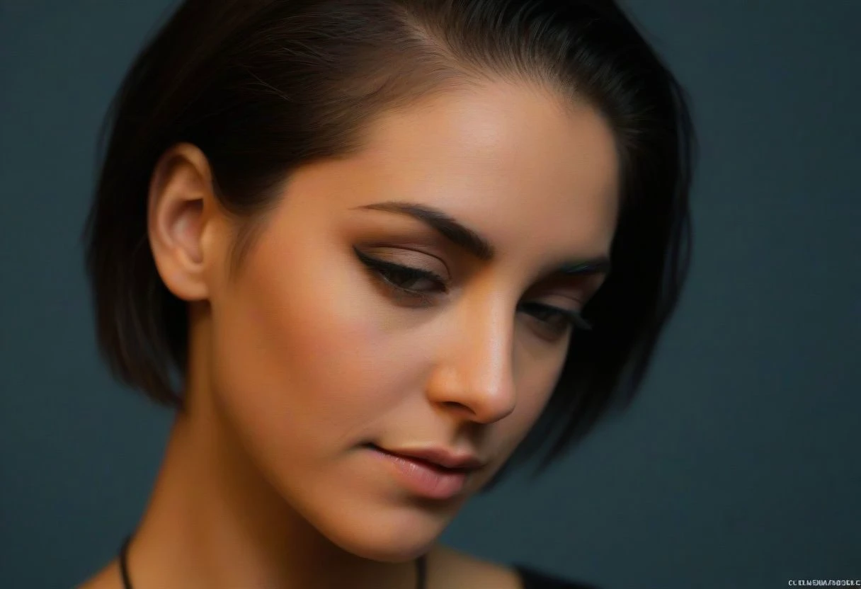 1girl, head toward the camera, seductive grin, ultra detailed skin texture, <lora:dynposes3870:.7>, Rembrandt Lighting Style, low light photography, dim light, atmospheric, <lora:ArabWomenFawziV2_Lightweight:0.6>, bedouin, dark skin, depth of field, closed eyes, hair over one eye, epiCPhotoGasm-softPhoto, 1995-Kodak, LikenessHelpbyShurik3, eye contact, very short hair, beautiful cyberpunk female with heavy black eyeliner, black eye, young, RAW photo, 8k uhd, dslr, high quality, film grain