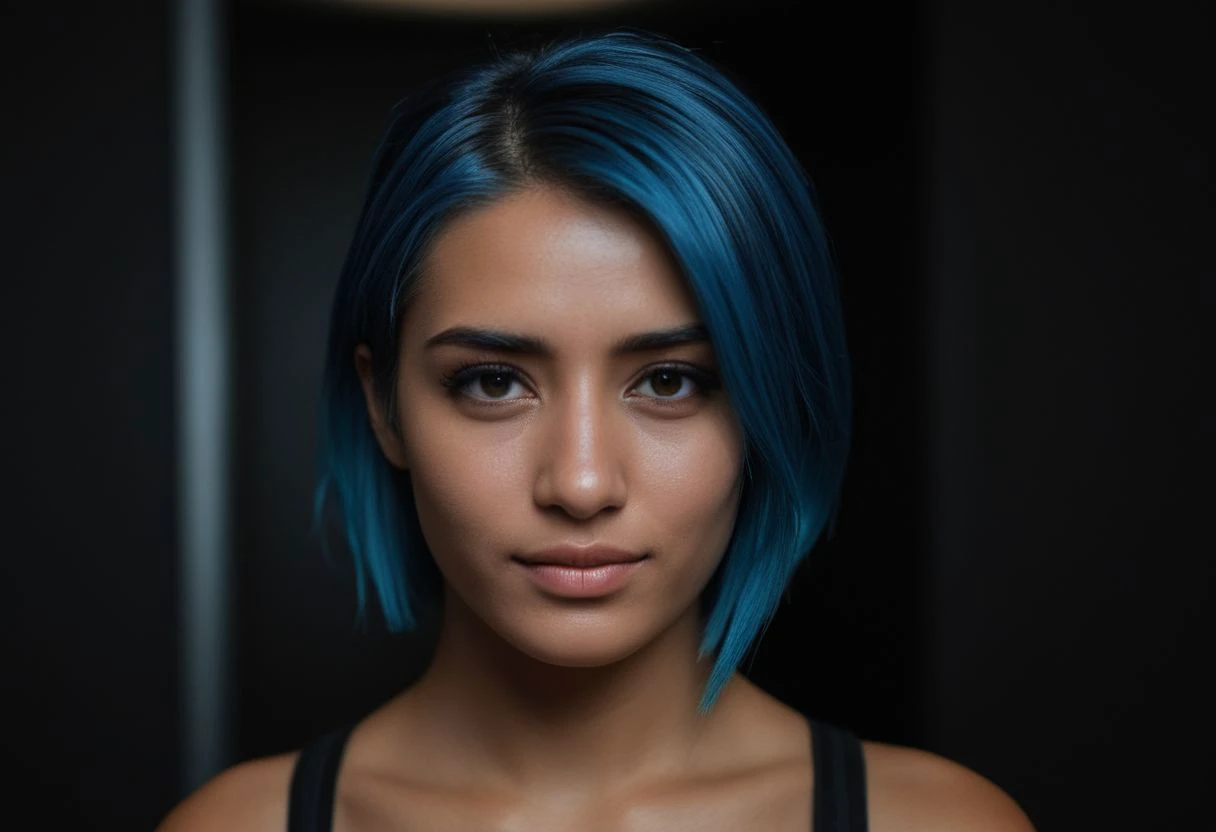 1girl, head toward the camera, seductive grin, ultra detailed skin texture, <lora:dynposes3870:.7>, Rembrandt Lighting Style, low light photography, dim light, atmospheric, <lora:ArabWomenFawziV2_Lightweight:0.6>, bedouin, dark skin, depth of field, black background, closed eyes, hair over one eye, pray, epiCPhotoGasm-softPhoto, 1995-Kodak, LikenessHelpbyShurik3, eye contact, very short hair, blue hair, beautiful cyberpunk female with heavy black eyeliner, black eye, young, RAW photo, 8k uhd, dslr, high quality, film grain