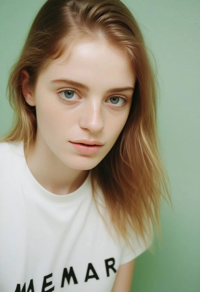 epiCPhotoGasm-softPhoto, 1995-Kodak, LikenessHelpbyShurik3, 1girl, beautiful, (facing the viewer), standing at home, ultra detailed skin texture, ((leaning forward)), looking at the camera, eye contact ((((tight shirt)))) makeup, long straight hair, pale skin, fair skin, white skin