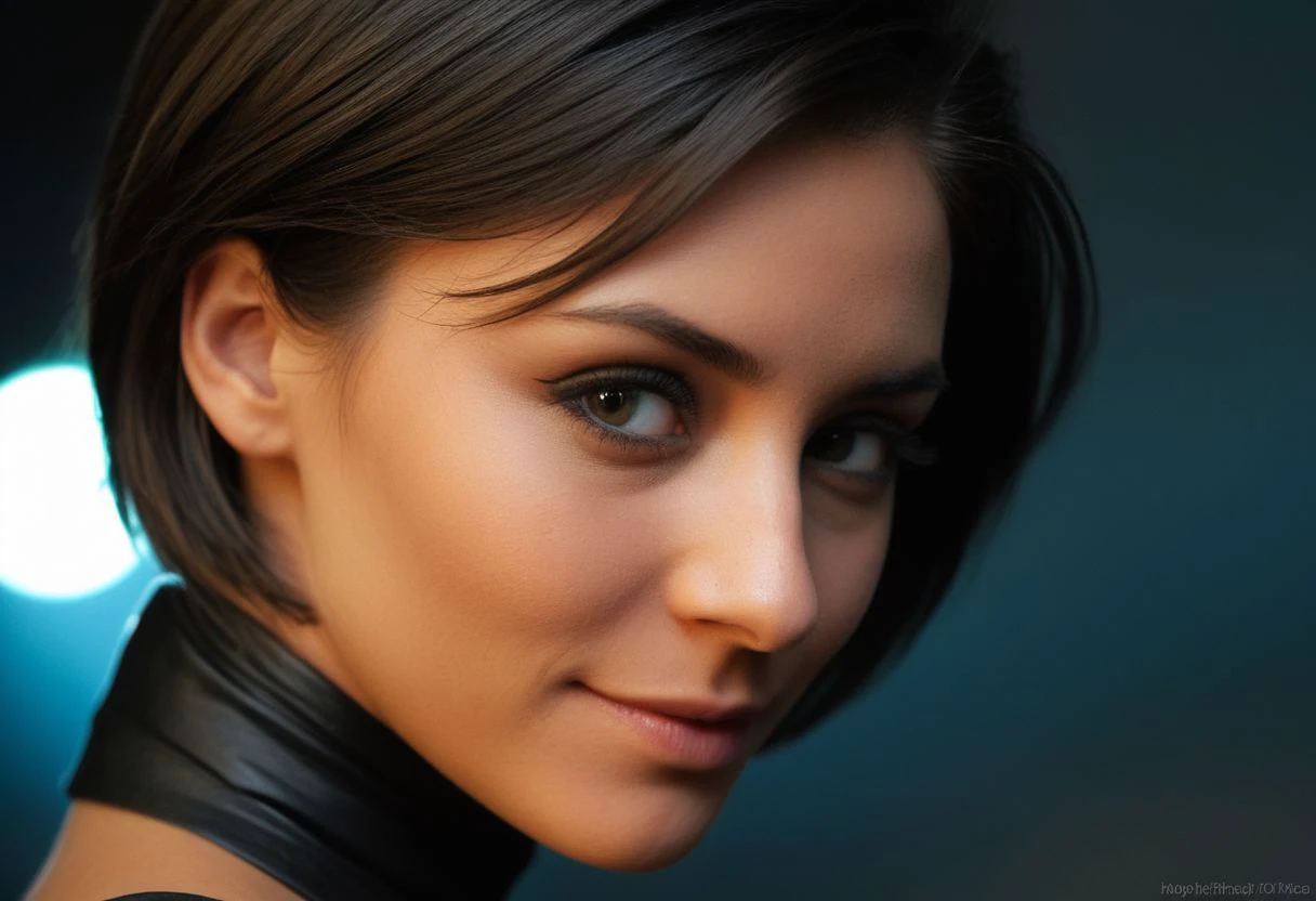 1girl, head toward the camera, seductive grin, ultra detailed skin texture, <lora:dynposes3870:.7>, Rembrandt Lighting Style, low light photography, dim light, atmospheric, <lora:ArabWomenFawziV2_Lightweight:0.6>, bedouin, dark skin, depth of field, closed eyes, hair over one eye, epiCPhotoGasm-softPhoto, 1995-Kodak, LikenessHelpbyShurik3, eye contact, very short hair, beautiful cyberpunk female with heavy black eyeliner, black eye, young, RAW photo, 8k uhd, dslr, high quality, film grain