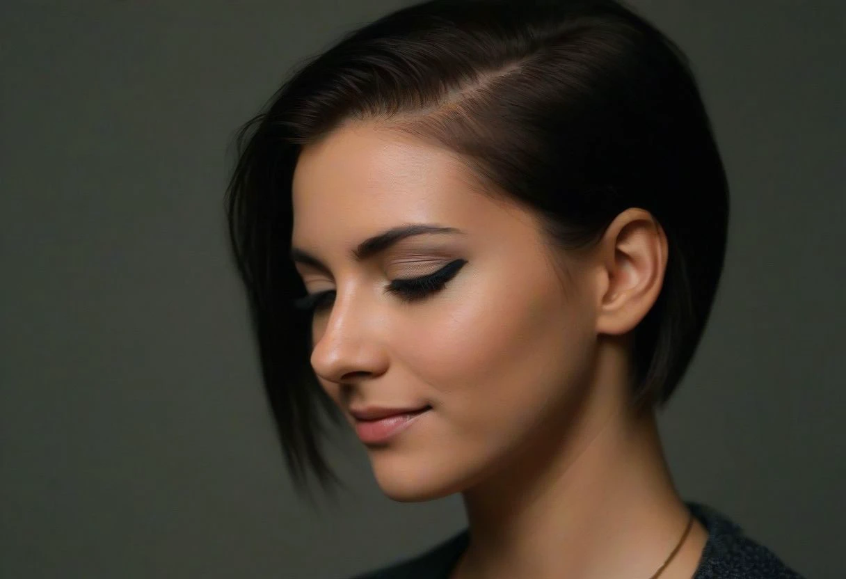 1girl, head toward the camera, seductive grin, ultra detailed skin texture, <lora:dynposes3870:.7>, Rembrandt Lighting Style, low light photography, dim light, atmospheric, <lora:ArabWomenFawziV2_Lightweight:0.6>, bedouin, dark skin, depth of field, closed eyes, hair over one eye, epiCPhotoGasm-softPhoto, 1995-Kodak, LikenessHelpbyShurik3, eye contact, very short hair, beautiful cyberpunk female with heavy black eyeliner, black eye, young, RAW photo, 8k uhd, dslr, high quality, film grain