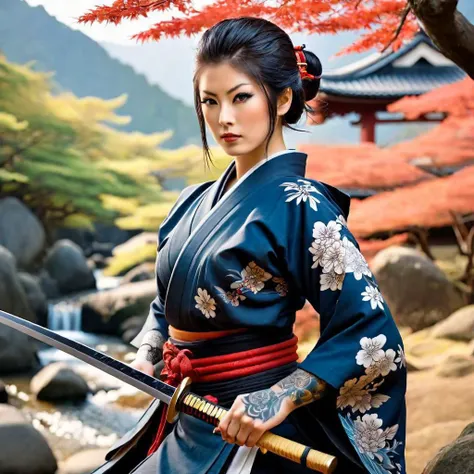 a female Samurai with Irezumi tattoo art , holding a sword  , in Japanese landscape