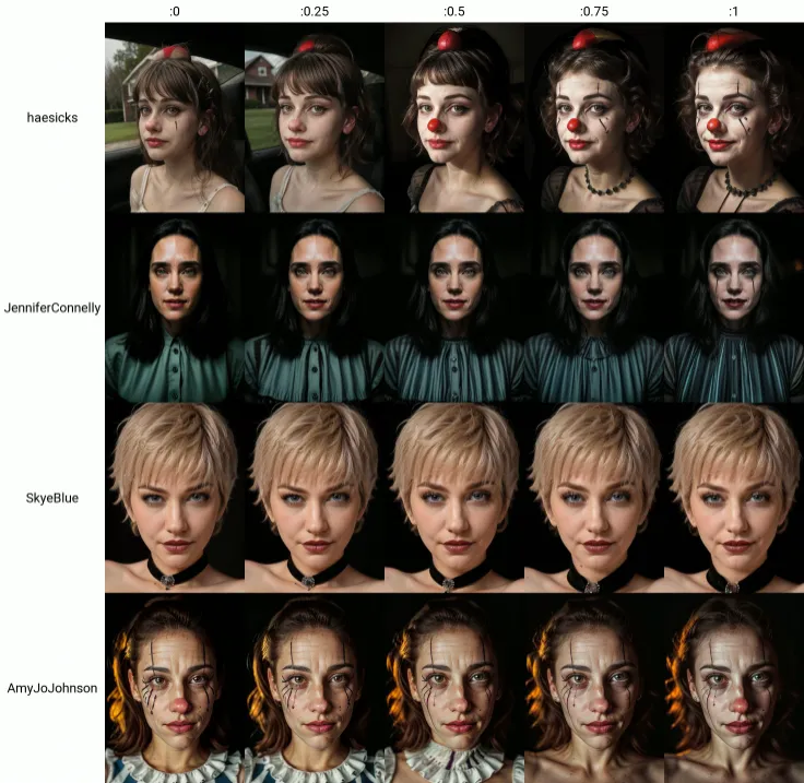 haesicks <lora:haesicks-v15-byShurik:1>clean skin (closeup) looking at viewer
(closeup), looking at viewer, (LikenessHelpbyShurik3:0),  (best quality:1.3), (masterpiece:1.3), (detailed:1.2), 8K,
In the hauntingly eerie atmosphere of dramatic dark lighting, a female clown emerges, her presence both captivating and unsettling. Her face is adorned with heavy clown makeup, accentuating her features with exaggerated colors and sharp contrasts. (Dramatic: 1.3) A wide, unsettling smile stretches across her face, revealing a sinister edge to her clownish appearance. (Chilling expression: 1.2) Shadows dance across her face, enhancing the mystique and creating an aura of mystery. (Moody lighting: 1.4) The combination of her unnerving grin and the piercing intensity in her eyes sends shivers down the spine, evoking a sense of unease and fascination. (Captivating presence: 1.3) This eerie female clown captures the essence of darkness and the unsettling allure of the unknown, leaving a lasting impression on those who dare to meet her gaze.