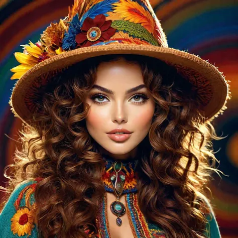 outstandingly beautiful model, soft lush curly warm brown long hair,
perfect symmetric eyes, dim smile, wearing decorated aesthetic
rich colored patterns of huge deformed scarecrow hat and crochet fashion,
by Boris Vallejo, artistic pose, ultra high cult favorite, rich colors,
rich light and shade, rich drawing, rich textures, top-notch hyper realistic work,
Miki Asai photography, hyper detailed, trending on artstation, sharp focus,
studio photo, intricate details, highly detailed, sun ray tracing