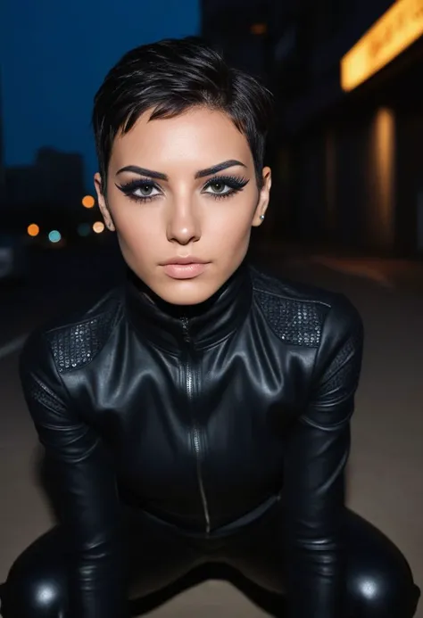 awaitingtongue, epiCPhotoGasm-softPhoto, 1995-Kodak, LikenessHelpbyShurik3, 1girl, beautiful, (facing the viewer), squatting, ultra detailed skin texture, ((leaning forward)), looking at the camera, eye contact, very short hair, beautiful cyberpunk female with heavy black eyeliner, black eye, young, <lora:ArabWomenFawziV2_Lightweight:0.6>, bedouin