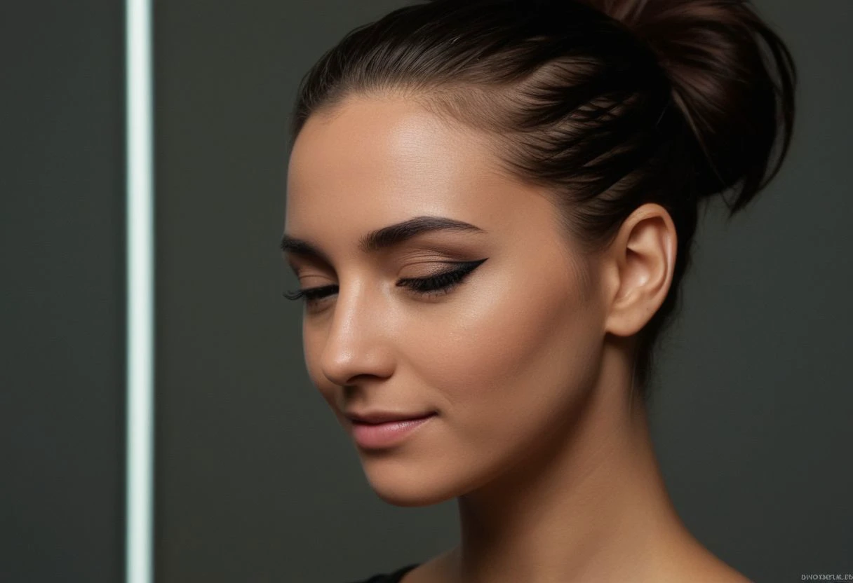 1girl, head toward the camera, seductive grin, ultra detailed skin texture, <lora:dynposes3870:.7>, Rembrandt Lighting Style, low light photography, dim light, atmospheric, <lora:ArabWomenFawziV2_Lightweight:0.6>, bedouin, dark skin, depth of field, closed eyes, epiCPhotoGasm-softPhoto, 1995-Kodak, LikenessHelpbyShurik3, eye contact, very short hair, beautiful cyberpunk female with heavy black eyeliner, black eye, young, RAW photo, 8k uhd, dslr, high quality, film grain