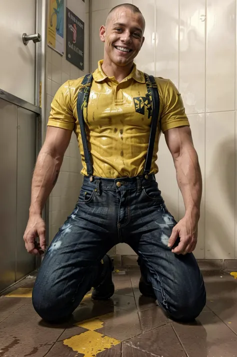 male posing, porn, (((16yo dead inside, yellow cargo pants with text pattern, full body view, lying in bed, background blur, chromatic aberration, bokeh, skinny body, white hair, ultra realistic, HQ, 8k, square masculine caucassian face, chainlet, harness, big dick