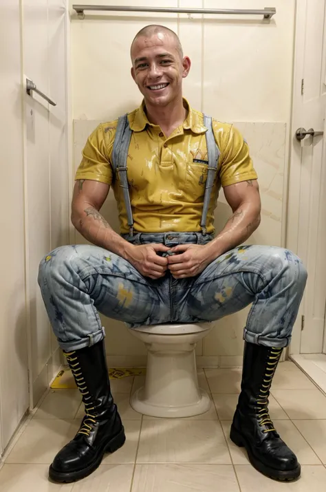 masterpiece, best quality, skinhead, druggie, bully, smiling, collared shirt, stained ((bleachers)), boots and jeans, <lora:100_skins_v1:0.8>, sitting on a toilet in a public restroom, wet floor, yellow laces, intricate detail, atmospheric, dramatic
