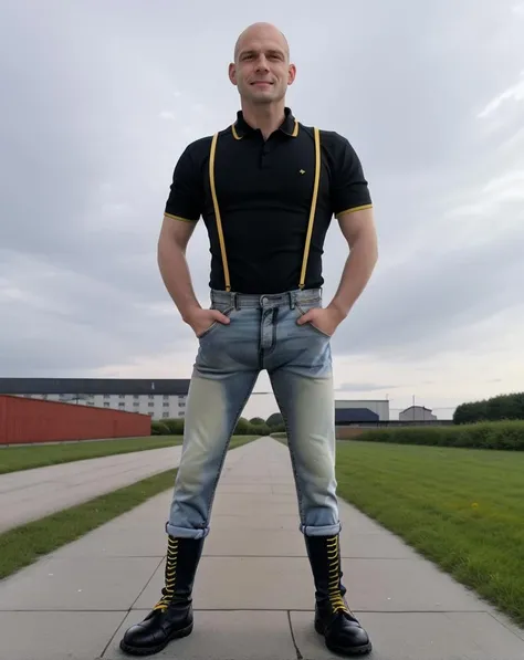 skinhead, bald man wearing black shirt with collar with bleachers, jeans and boots, <lora:100_skins_v1:0.8>, ((bleachers)), factory background, yellow laces,