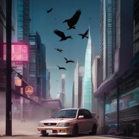 future_urban, cyberpunk city <lora:1695090942947148680:1> 25RSCOUPE <lora:25RSCOUPE:1> subaru couple drifting around corner, tire smoke, flock of crows centered in air, city skyline, beatiful sunset lighting, cinematic, 4k, highest detail, neon signs, neon, , white license plate, low spoiler, center hood scoop
