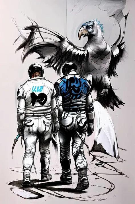 ditry charcoal drawing,an eagle and a zebra , walk in a spaceship <lora:vor_enki.v2.lora:1>