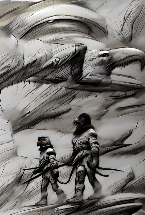 ditry charcoal drawing,an eagle and a zebra , walk in a spaceship <lora:vor_enki.v3.lora:1>