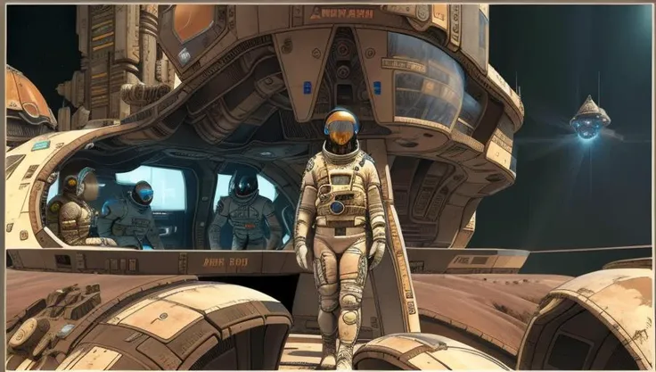 astronauts in in a futuristic city in Mars,<lora:enkiBillal_v30:0.7> <lora:epiNoiseoffset_v2:1>
