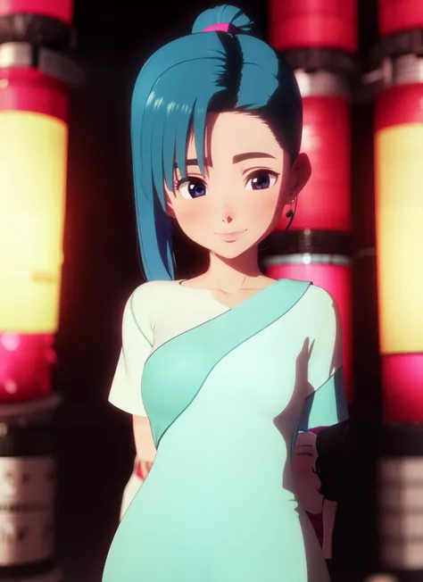 1girl, night, 3d, trigun style, blue hair, long hair, standing, arms behind back, ponytail, smile <lora:trigunStampedeCGI_1:1>