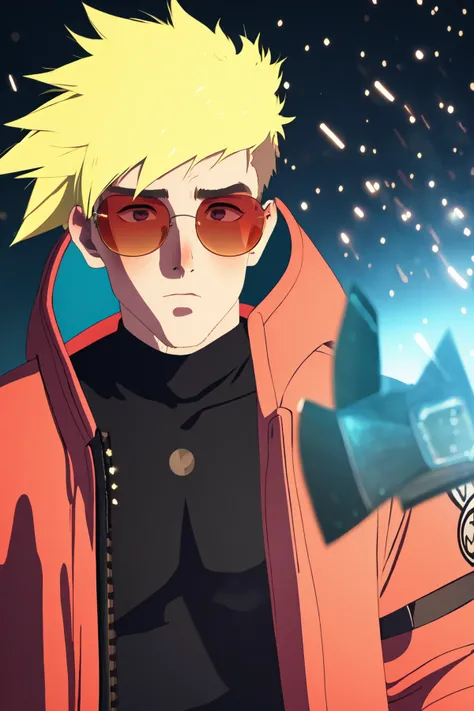 Night,<lora:trigun_stampede:1>, trigun style, 3d, ultra detailed, cgi, blonde hair, sunglasses, ethereal effect, galactic particle, spikey hair, coat, shaded face, shadow, sparkles