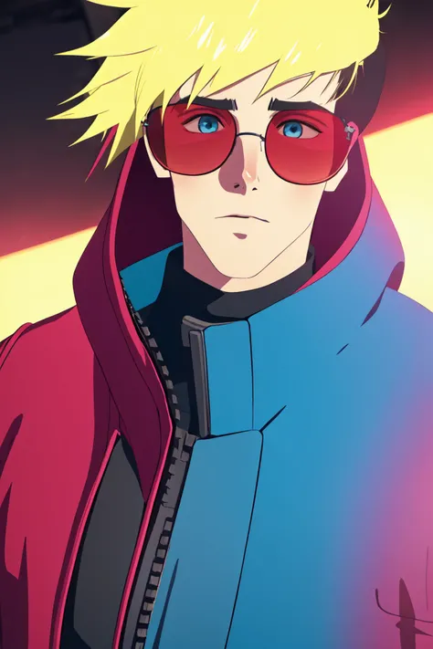 Blonde hair, <lora:trigun_stampede:1>, trigun artstyle, 3d, ultra detailed, cgi, spiky hair, red coat, mature male, upper body, realistic, sunglasses, blue eyes, blue effects,