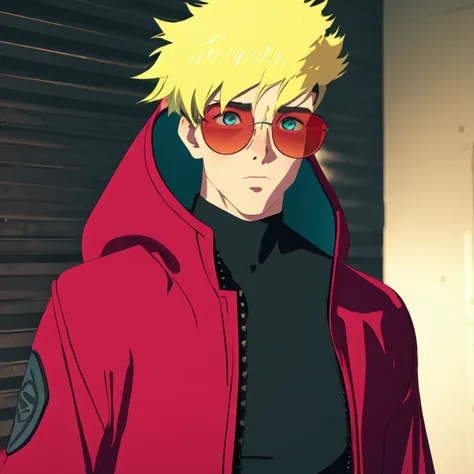 Blonde hair, <lora:trigun_stampede:1>, trigun artstyle, 3d, ultra detailed, cgi, spiky hair, red coat, mature male, upper body, realistic, sunglasses, blue eyes