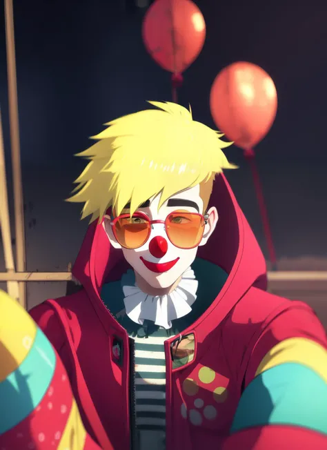 1boy, blonde hair, sunglasses, red jacket, night, beautiful lighting, (((clown, circus))) <lora:trigunStampedeCGI_1:1>