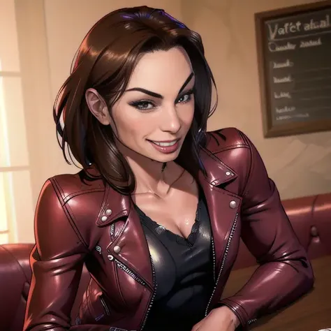 amrbray, a woman with a sexy smile posing for a picture in a cafe in a leather jacket , 4k, RAW, high detail, high quality , highly detailed skin, realistic face, <lora:amrbray_v1:1>