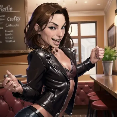 amrbray, a woman laughing and posing for a picture in a cafe in a leather jacket , 4k, RAW, high detail, high quality , highly detailed skin, realistic face, <lora:amrbray_v1:1>