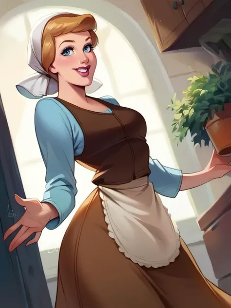 score_9, score_8_up, score_7_up, score_6_up, 1girl, makeup, apron, shirt, long sleeves, long brown skirt, vest, head scarf, curvy, medium breasts, narrow waist, wide hips, thick thighs, looking at viewer, dynamic angle, cowboy shot, cartoon, dynamic pose, smile, cute, wide shot, realistic,
<lora:CindirellaXLP_character:1>CinderellaXLP