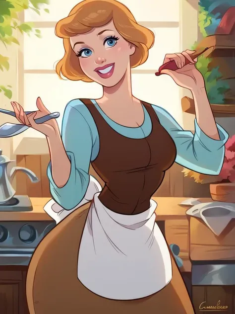 score_9, score_8_up, score_7_up, score_6_up, 1girl, makeup, apron, shirt, long sleeves, long brown skirt, vest, curvy, medium breasts, narrow waist, wide hips, thick thighs, looking at viewer, dynamic angle, cowboy shot, cartoon, dynamic pose, smile, cute, wide shot, realistic,
<lora:CindirellaXLP_character:1>CinderellaXLP