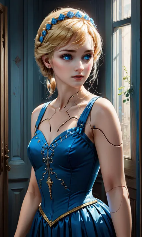 close up portrait, oil painting, young Cinderella, cyberpunk, Android Skin, robotic joints, pale skin, petite body, blond hair, glowing blue eyes, fancy appartment, Low saturation color photography, vintage, ornate Victorian dress, top light, masterful painting in the style of Anders Zorn | Marco Mazzoni | Yuri Ivanovich, Todd McFarlane, Aleksi Briclot, oil on canvas