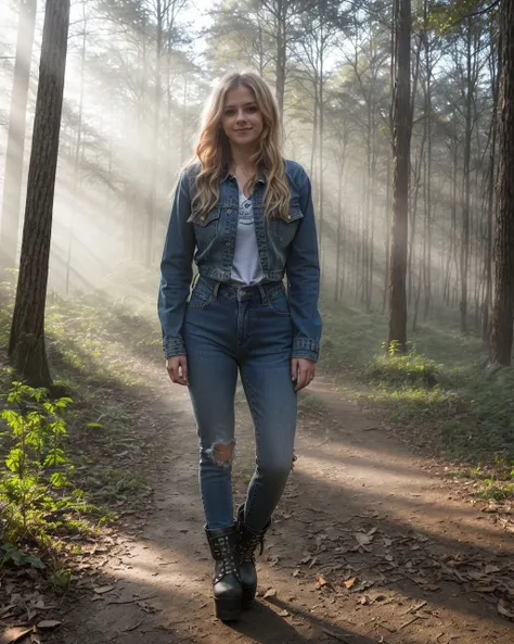 a full body photo of beautiful woman, smiling, denim jeans, platform boots, night forest, fog, light rays, 4k, sharp <lora:avril:1>