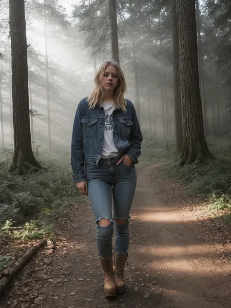 a full body photo of beautiful woman, denim jeans, platform boots, night forest, fog, light rays, 4k, bokeh <lora:avril:1>