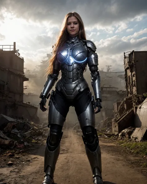 a full body photo of cyborg woman, smiling, long hair, heavy military armor, junkyard, fog, light rays, 4k, sharp <lora:avril:1>
