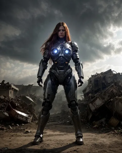 a full body photo of cyborg woman, angry, long hair, heavy military armor, junkyard, fog, light rays, 4k, intricate, accurate, sharp <lora:avril:1>