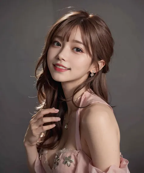 ((((brown hair, medium hair)))), best quality, 8K, HDR, highres, absurdres:1.2, blurry background, bokeh:1.2, Photography, (RAW photo:1.2), (photorealistic:1.4), (masterpiece:1.3), (intricate details:1.2), 1girl, solo, japanese girl, delicate, beautiful detailed, (detailed eyes), (detailed facial features), petite, (((large breasts))), skin tight, (looking_at_viewer), from_front, (skinny), (best quality:1.4), (ultra highres:1.2), cinema light, (extreme detailed illustration), (lipgloss, best quality, ultra highres, depth of field, caustics, Broad lighting, natural shading, 85mm, f/1.4, ISO 200, 1/160s:0.75),1girl, solo,   <lora:koreanDollLikeness_v10:0.25> , <lora:Japanese-doll-likeness:0.25>, <lora:japaneseDollLikeness_v10:0.15>,  <lora:yaeMikoRealistic_yaemikoMixed:0.35>, (((smile))), (((pink dress, deep V))),(ulzzang-6500-v1.1:0.5), (pureerosface_v1:0.5), simple background