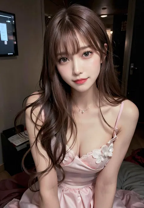 (masterpiece、high resolution、high quality、Ultra-high resolution、Delicate、16k、)1 high school girl、brown hair、Long Hair、clear eyes、Dense lips、Glowing Skin、Red underwear、Inside the house、My Room、Bed、