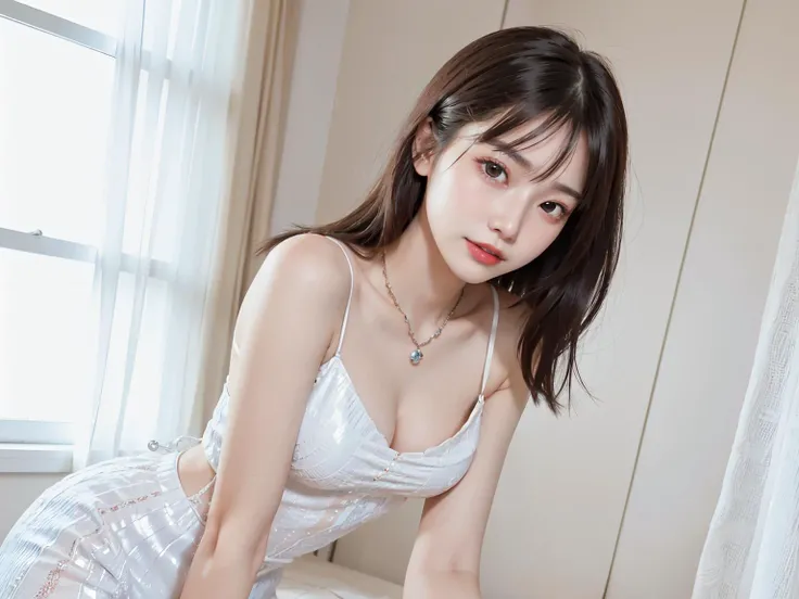 Bzpeons, ((whole body)), ((Shot from random angles)), ((Sitting)), (yushuxin,1 Girl,Solitary), Clear face, Pretty Face, 8K, masterpiece, original photo, best quality, detail:1.2,lifelike, detail, Very detailed, CG, Unite, wallpaper, Depth of Field, Movie Lighting, lens flare, Ray Tracing, (Extremely beautiful face, Beautiful lips, beautiful eyes), complex, detail的脸, ((ultra detailed skin)), 1 girl, in the darkness, Deep Shadows, Beautiful Korean girl, Korean Idol,(Very slim figure:1.3), Full breasts, Large Breasts, Slender sexy legs, Very beautiful legs, Elegant Posture, (A bright smile), (City night, (Neon), (night), Beautiful Korean girl, White Diamond Earrings, Bracelet diameter, Deya Necklace, Clear eyes, (big eyes)