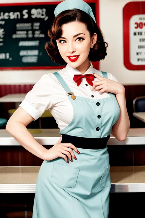 1952, Seoul, (1 korean young girl), (best quality, 4k, 8k, high res, masterpiece:1.2), ultra-detailed, (photo-realistic:1.37), ((best quality)), ((masterpiece)), (detailed), ((big breasts, strikingly beautiful, delicate facial features, porcelain skin, expressive eyes, black hair, red lips)), ((a waitress from the 1950s in a sexy short tight uniform shirt tiny shorts showing)), ((full-length whole-body)), 1950s make-up and hair, ((1950s diner with lots of bright yellows and reds in the decore)), ((classic 1950s curvy hour-glass pin-up girl figure in a relaxed pose)), ((awe and joy expression)), ((long shapely legs)), Bobbi-socks, well-drawn perfect eyes, perfect teeth, ((well-drawn perfect hands)), view from the back,