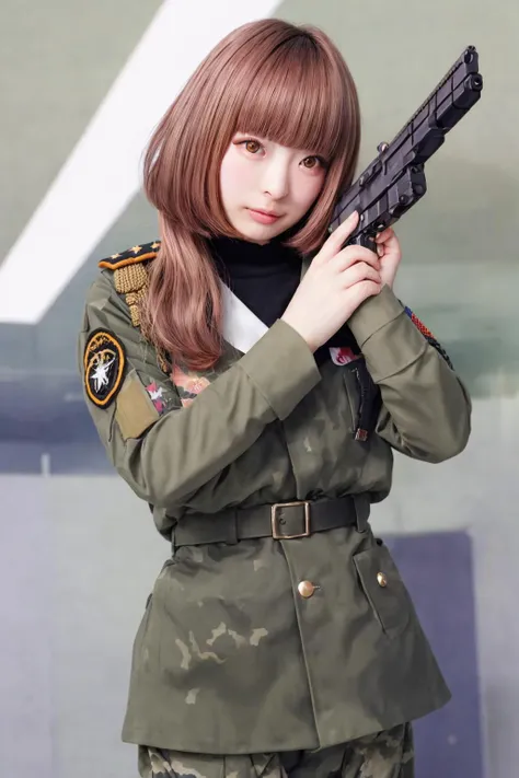 <lora:ImAHealerButMeme:0.9> imahealerbutmeme, <lora:add_detail:0.5>, <lora:PamyurinV2:0.8> pamyurin, 1girl, fake eyelashes, long eyelashes, blush, bob cut, brown hair, colored eyes, female army uniform, realistic, gun