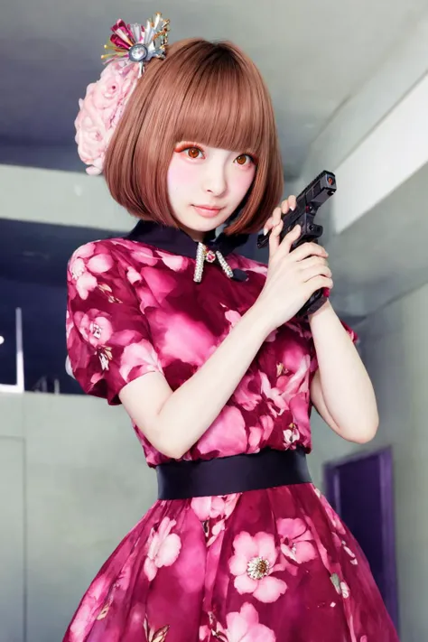 <lora:ImAHealerButMeme:0.9> imahealerbutmeme, <lora:add_detail:0.5>, <lora:PamyurinV2:0.8> pamyurin, 1girl, fake eyelashes, long eyelashes, blush, bob cut, brown hair, colored eyes, realistic, pistol