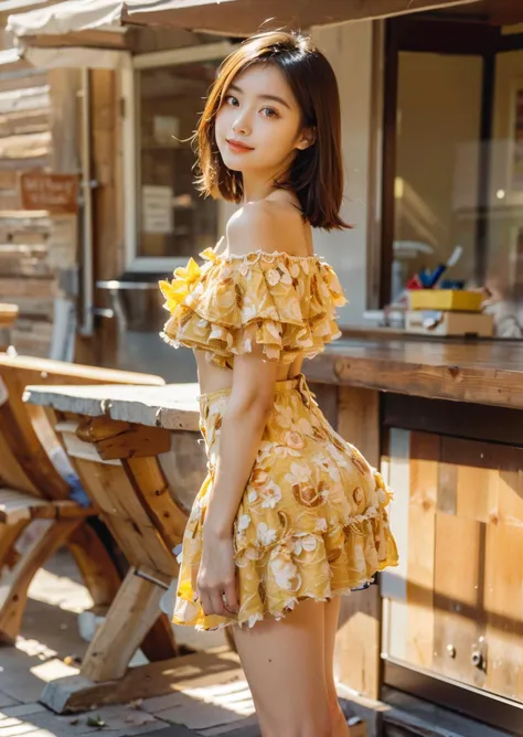 (((smile, yellow pettiskirt))), street,(masterpiece),((ultra-detailed)), (highly detailed CG illustration),(expressionless), (best quality:1.2),(1girl:1.2),High quality texture, intricate details, detailed texture, High quality shadow, brown eye pupil, depth of field, perspective,20s, (big eyes:1.2),blush,perfect body, lean body, (narrow waist:1.3), large breast, distinct_image, (lustrous skin), solo focus, (brown hair), (streaked hair), ((short hair)), <lora:add_detail:0.5>, <lora:GoodHands-vanilla:1>, <lora:FilmVelvia3:0.5>, <lora:meinv74:0.8>,<lora:detailed_notrigger:0.7>