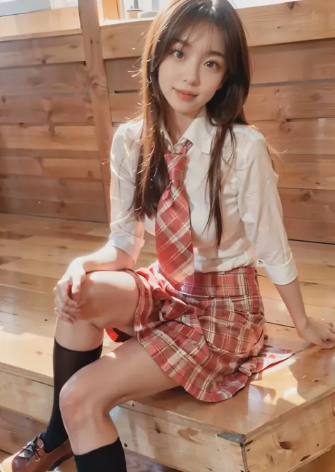 (((smile, white shirt, BREAK, red skirt with checker pattern, red tie, black stocking, brown shoes))), (masterpiece),((ultra-detailed)), (highly detailed CG illustration),(expressionless), (best quality:1.2),(1girl:1.2),High quality texture, intricate details, detailed texture, High quality shadow, brown eye pupil, depth of field, perspective,20s, (big eyes:1.2),blush,perfect body, lean body, (narrow waist:1.3), large breast, distinct_image, (lustrous skin), solo focus, (brown hair), (streaked hair), ((long hair)), <lora:add_detail:0.5>, <lora:GoodHands-vanilla:1>, <lora:FilmVelvia3:0.5>, <lora:meinv74:0.8>,<lora:detailed_notrigger:0.7>
