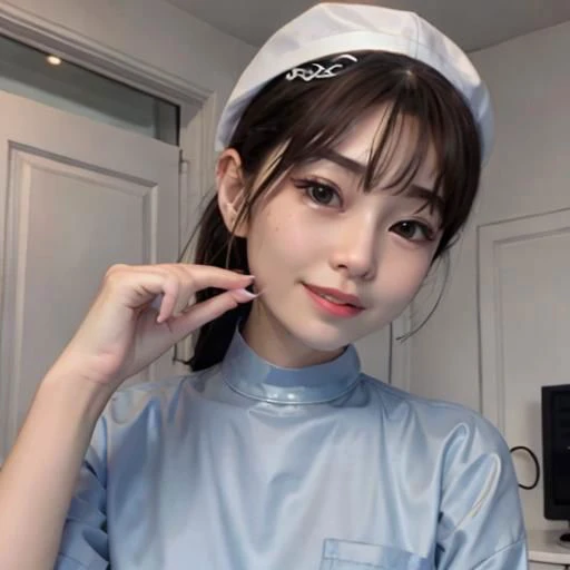 masterpiece,high quality, high resolution,ultra detailed,8k,surgeon,straight hair,two girls,pretty,black surgical gown,light blue gloves,brown short hair,surgical cap,eighteen years old,,standing surrounding the bed,operating room,big surgical lights,heart monitor,many medical devices,from side,steshoscope,(((evil smile,blood on clothes,black latex))),glare at wiewer,blonde