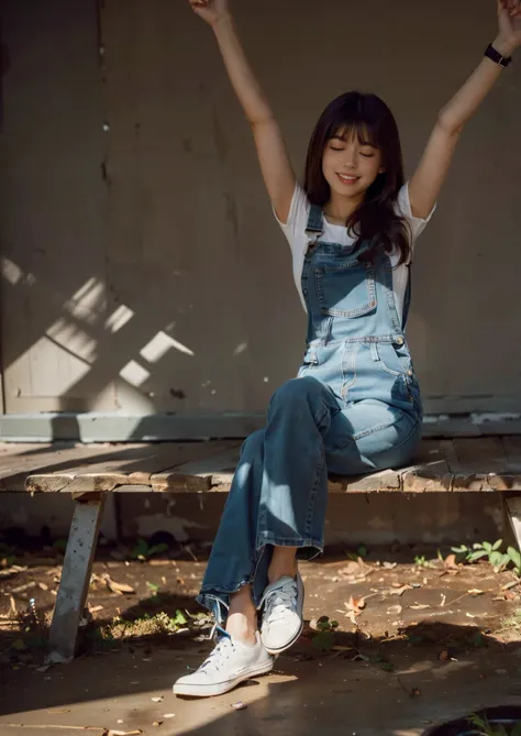 (((smile, closed eyes, blue denim dungarees, sneakers))), (masterpiece),((ultra-detailed)), (highly detailed CG illustration),(expressionless), (best quality:1.2),(1girl:1.2),High quality texture, intricate details, detailed texture, High quality shadow, brown eye pupil, depth of field, perspective,20s, (big eyes:1.2),blush,perfect body, lean body, (narrow waist:1.3), large breast, distinct_image, (lustrous skin), solo focus, (brown hair), (streaked hair), ((long hair)), <lora:add_detail:0.5>, <lora:GoodHands-vanilla:1>, <lora:FilmVelvia3:0.5>, <lora:meinv74:0.8>,<lora:detailed_notrigger:0.7>