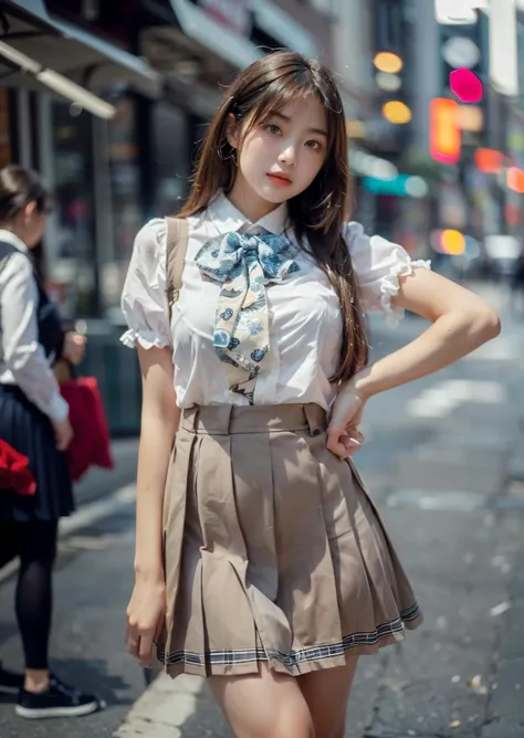 (((white shirt, pleated skirt, blue bow tie))), street,(masterpiece),((ultra-detailed)), (highly detailed CG illustration),(expressionless), (best quality:1.2),(1girl:1.2),High quality texture, intricate details, detailed texture, High quality shadow, brown eye pupil, depth of field, perspective,20s, (big eyes:1.2),blush,perfect body, lean body, (narrow waist:1.3), large breast, distinct_image, (lustrous skin), solo focus, (brown hair), (streaked hair), ((long hair)), <lora:add_detail:0.5>, <lora:GoodHands-vanilla:1>, <lora:FilmVelvia3:0.5>, <lora:meinv74:0.8>,<lora:detailed_notrigger:0.7>