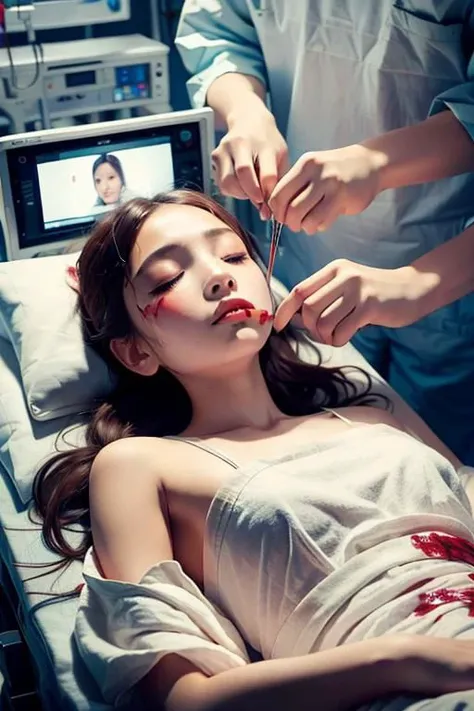masterpiece,best quality,highly detailed,girls,1boy,,exhausted,sick,sleeping,closed eyes,long hair,black hair,braid,brown eyes,bare shoulders, BREAK ,lying,on back,surgery,doctor,surgical light,scalpel,operating table,operating room,blanket,(((bloody, blood,blood on clothes))),(((hospital gown))),from side,taking out some organs